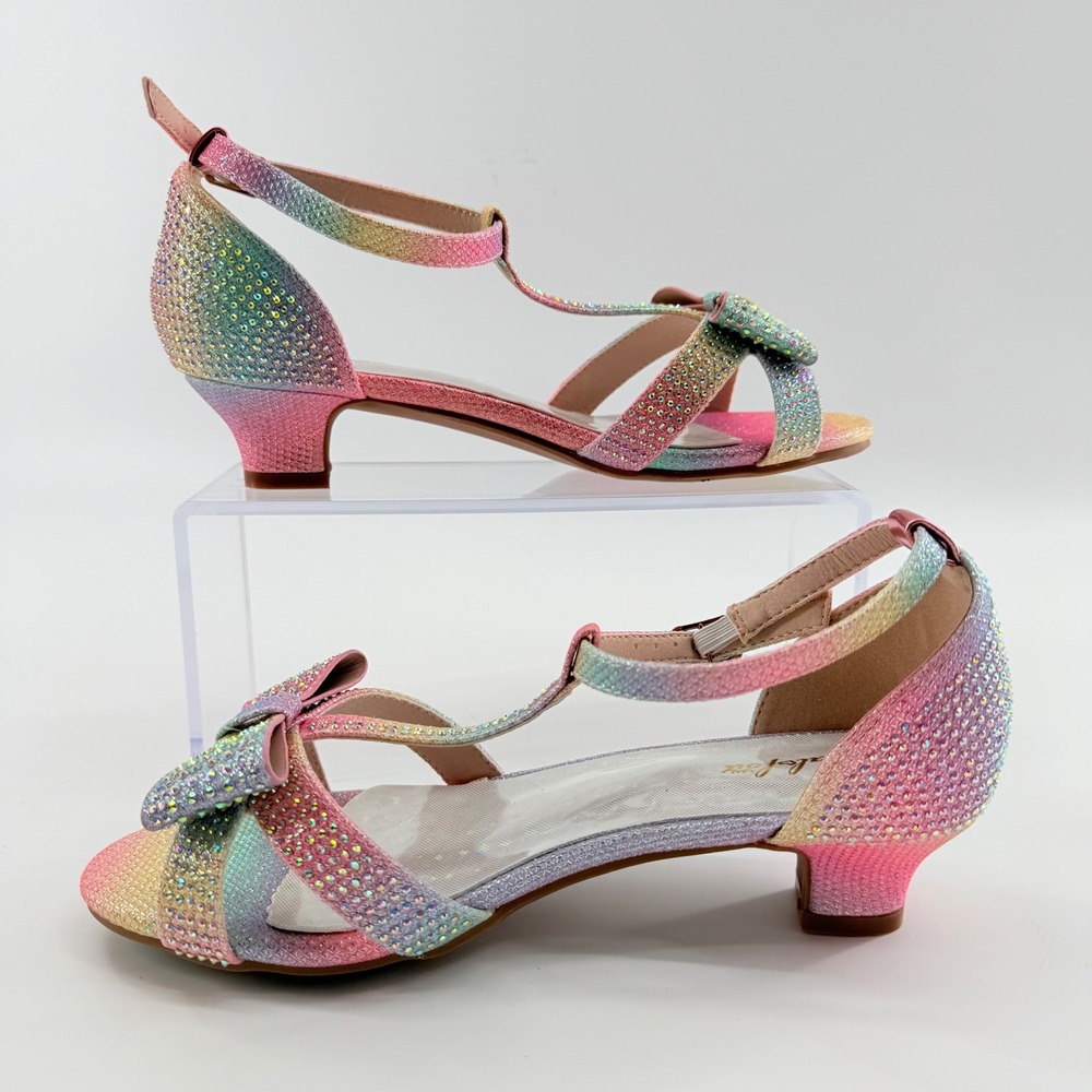 Girls 6 T-Strap Dress Sandals Pastel‎ Rainbow Ombre Rhinestone Bow Kitten Heel